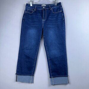 Luvamia Cropped Straight Leg Jeans Women Size Large Roled Cuffed Hem Blue